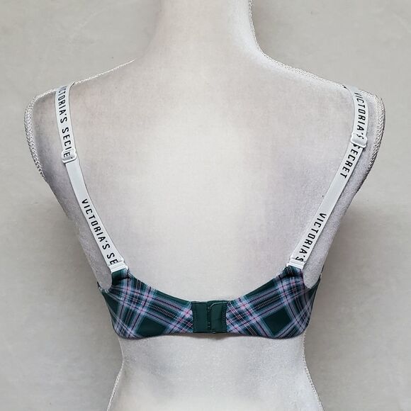 VICTORIA'S Secret Lightly Lined Wireless T-shirt Bra Green Pink Plaid Spell Out - Picture 6 of 12